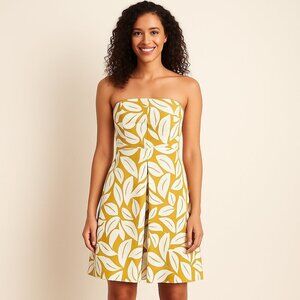 New York & Company Yellow White Leaf Print Cotton Blend Fit & Flare Dress Sz 12